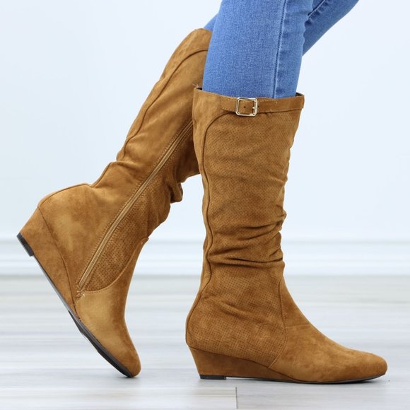Shoes - Tan Faux Suede Round Toe Low Kitten Wedge Heel Mid Calf Boots